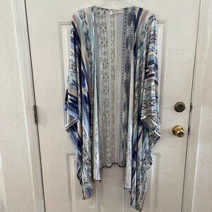 Three Birds Nest Woman's Open-Front Blue Aztec Tribal Pattern Kimono Sz L/XL